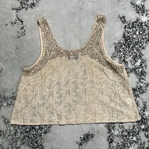 ASTR Lace Crop Tank Top Womens Size S Cream Beaded Mesh Floral Sleeveless Blouse